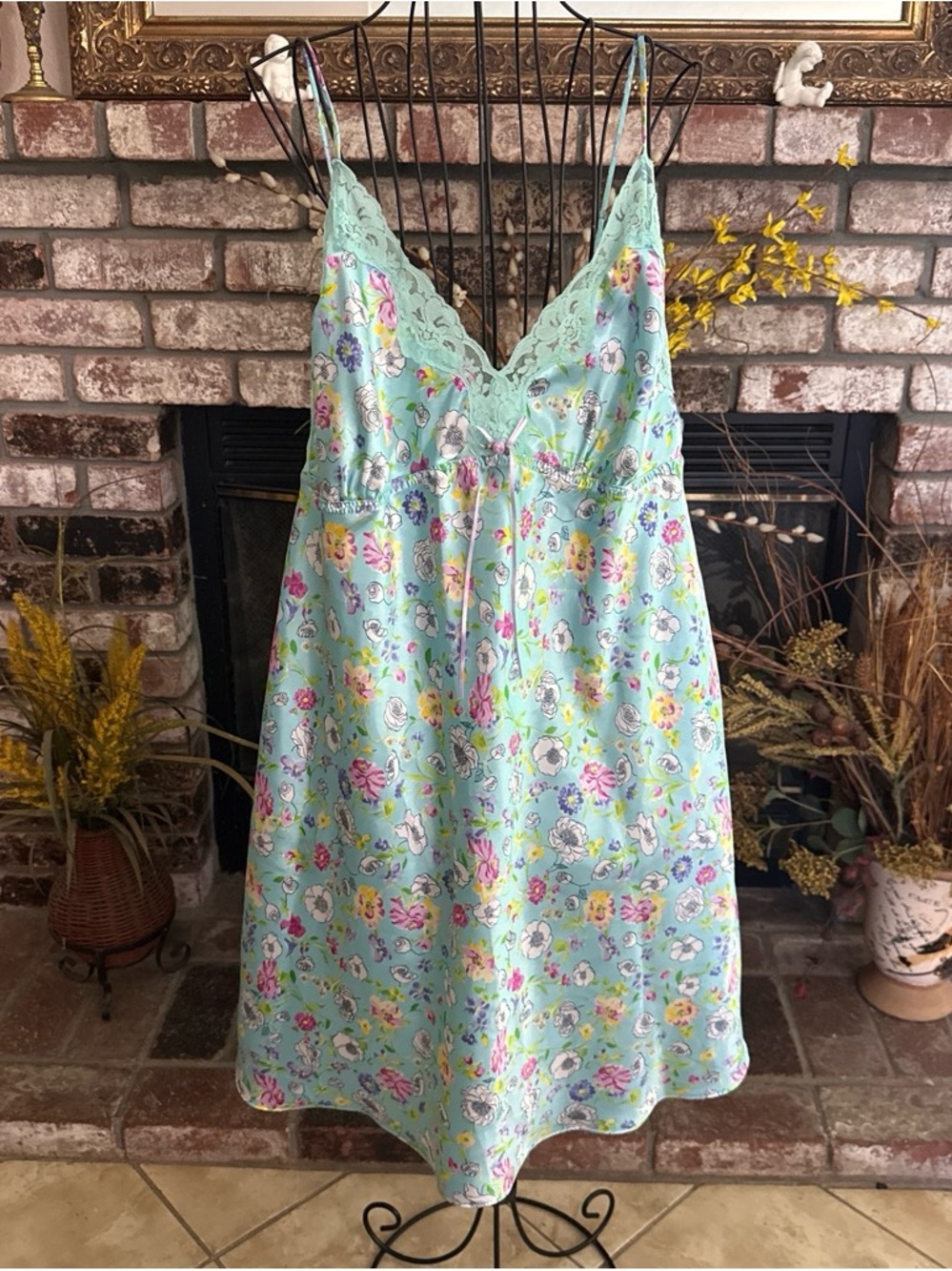 Secret Treasured Blue Floral Faux Satin Lace Trim Slip Dress Size 2X